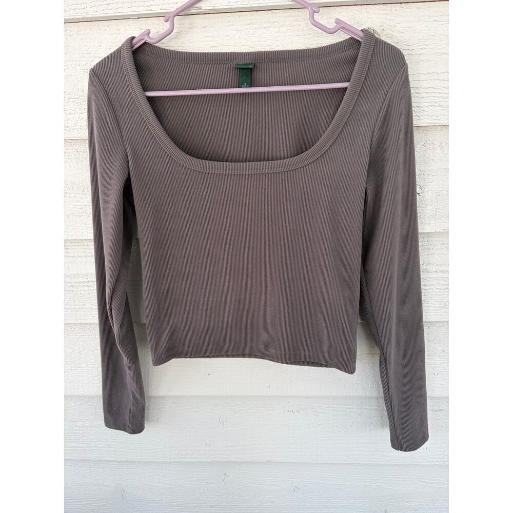 Wild Fable Brown Ribbed Long Sleeve Crop Top S Fitted Basic Stretch Top